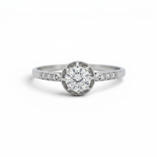 Antique Art Deco platinum solitaire ring 0.25ct old-cut diamond six-stone shoulders front view circa 1920 — Antique Jewelry Finds