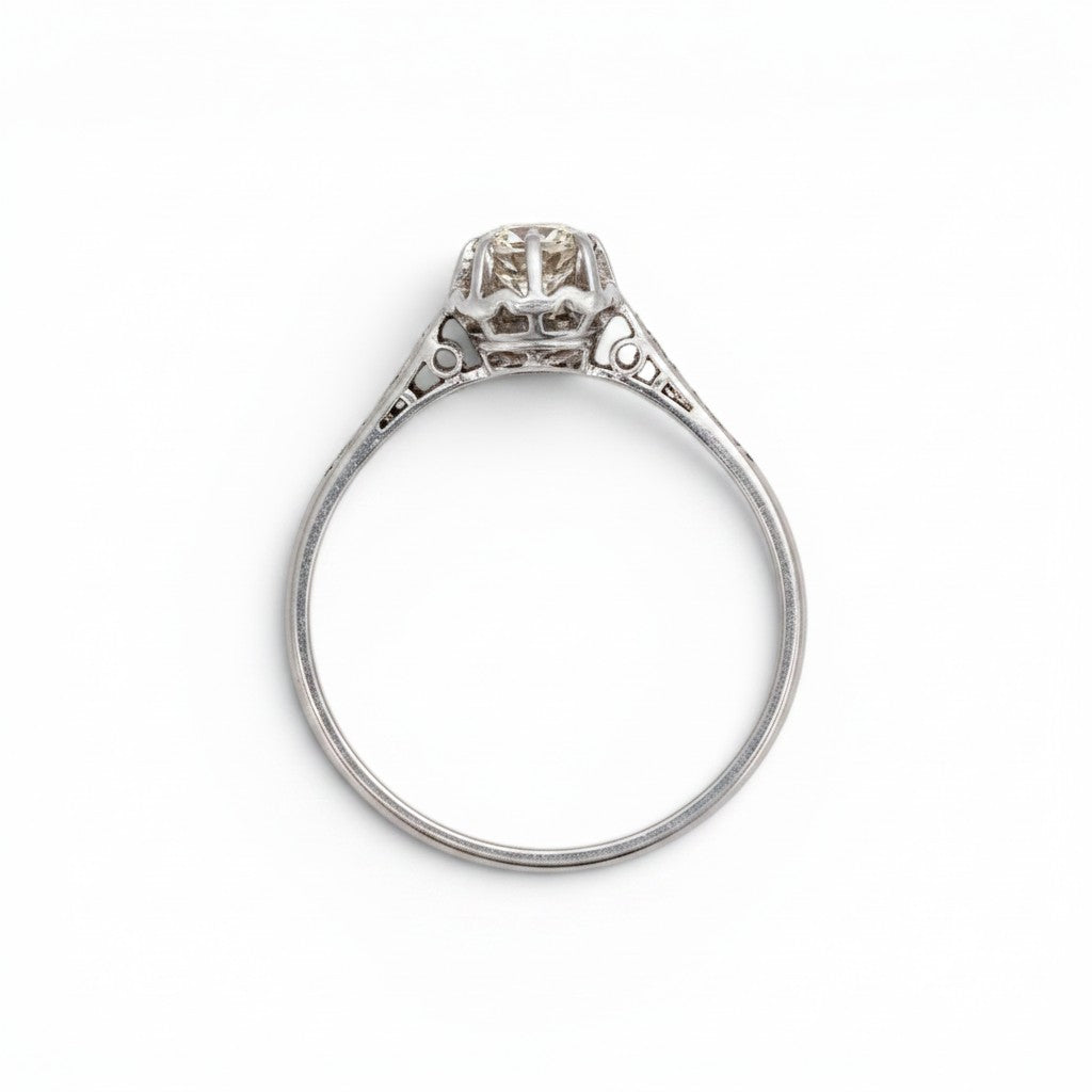 Antique Art Deco platinum solitaire ring top view old-cut diamond 0.25ct six-stone shoulders — Antique Jewelry Finds