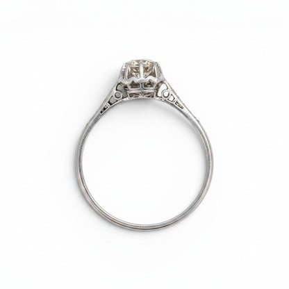 Antique Art Deco platinum solitaire ring top view old-cut diamond 0.25ct six-stone shoulders — Antique Jewelry Finds