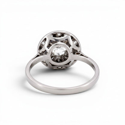 Antique Art Deco 18k white gold platinum diamond halo ring back view shank detail 3g size 5.5 US — Antique Jewelry Finds