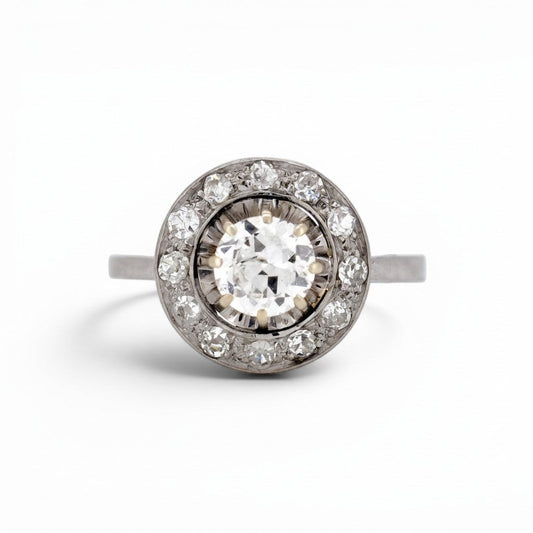 Antique Art Deco 18k white gold platinum 
diamond halo ring 0.60ct old-cut diamonds front view circa 1930 — Antique Jewelry Finds