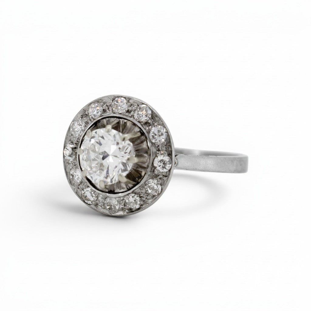 Antique Art Deco 18k white gold platinum diamond halo ring side view mascaron owl hallmark — Antique Jewelry Finds
