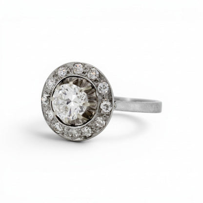 Antique Art Deco 18k white gold platinum diamond halo ring side view mascaron owl hallmark — Antique Jewelry Finds