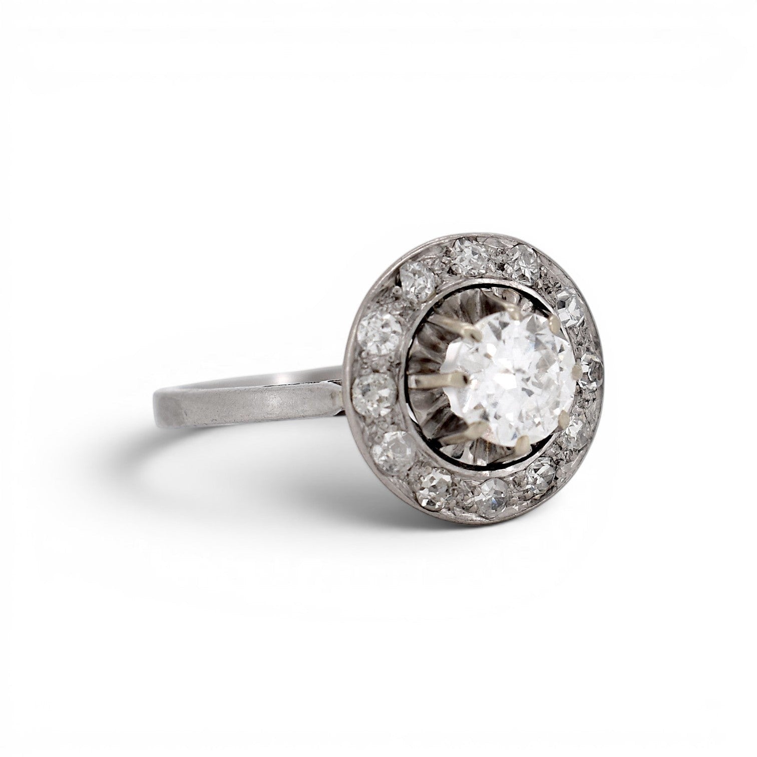 Antique Art Deco 18k white gold platinum diamond halo ring detail side view circa 1930 — Antique Jewelry Finds