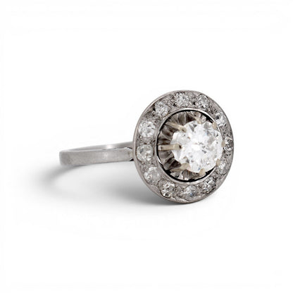 Antique Art Deco 18k white gold platinum diamond halo ring detail side view circa 1930 — Antique Jewelry Finds