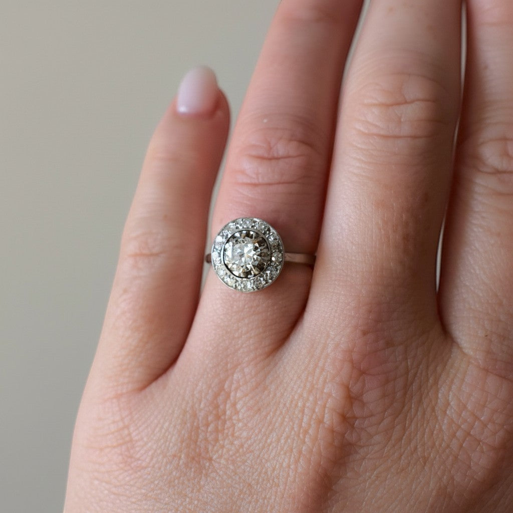 Old-cut diamond 0.30ct G/H SI diamond halo Art Deco ring close-up circa 1930 — Antique Jewelry Finds