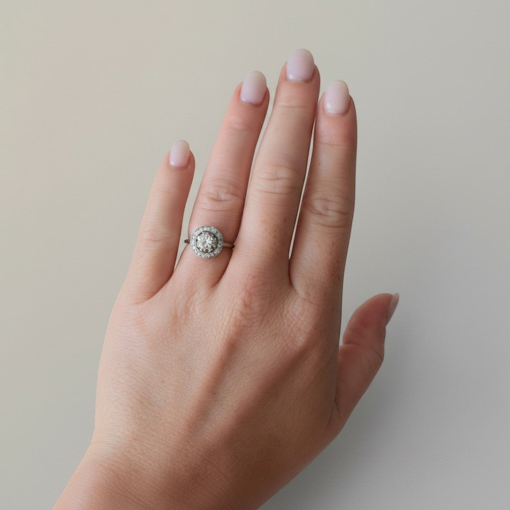 Antique Art Deco 18k white gold platinum 
diamond halo ring 0.60ct old-cut diamonds worn on hand size 5.5 US —Antique Jewelry Finds
