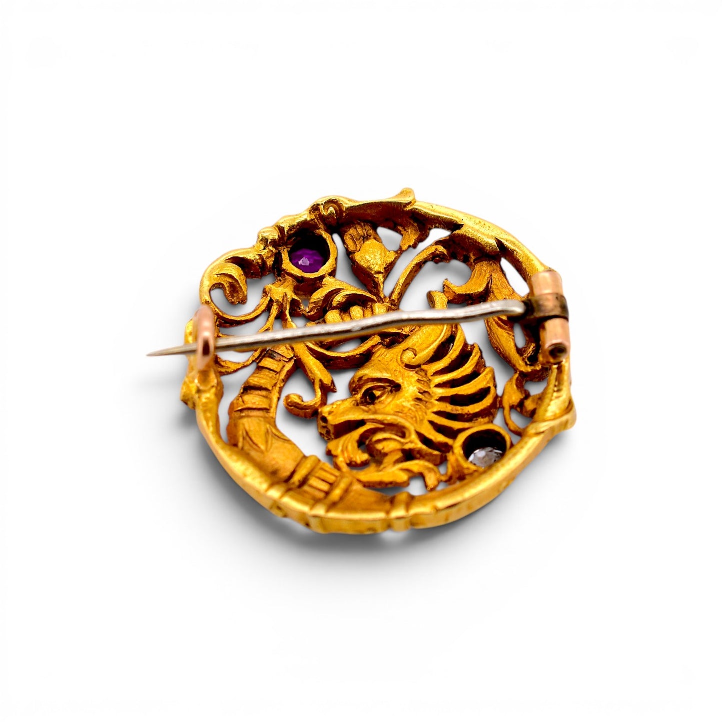 Antique Art Nouveau 18k gold chimera brooch ruby old-cut diamond hand-crafted detail close-up — Antique Jewelry Find