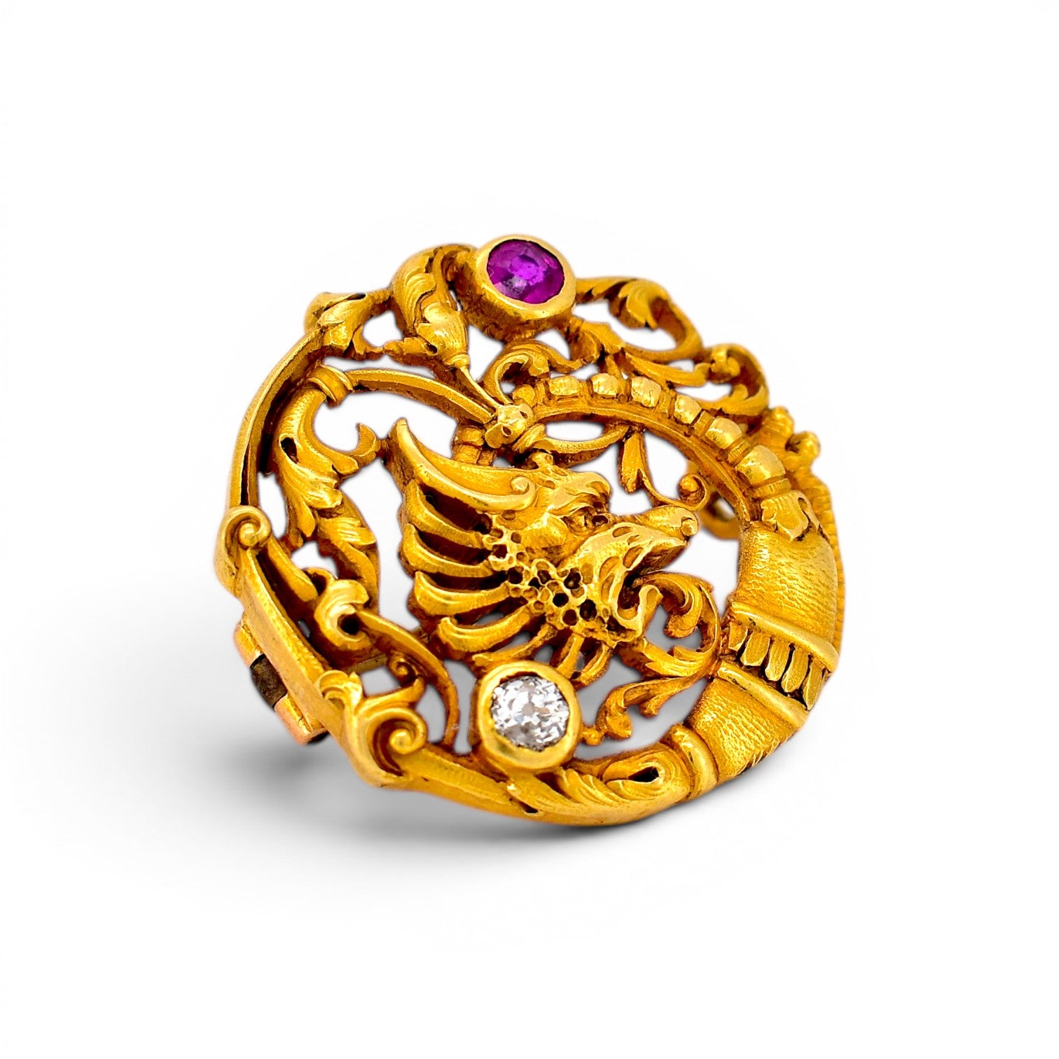 Antique Art Nouveau 18k gold chimera brooch side view hand-crafted detail circa 1910 — Antique Jewelry Finds