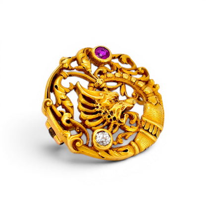 Antique Art Nouveau 18k gold chimera brooch side view hand-crafted detail circa 1910 — Antique Jewelry Finds