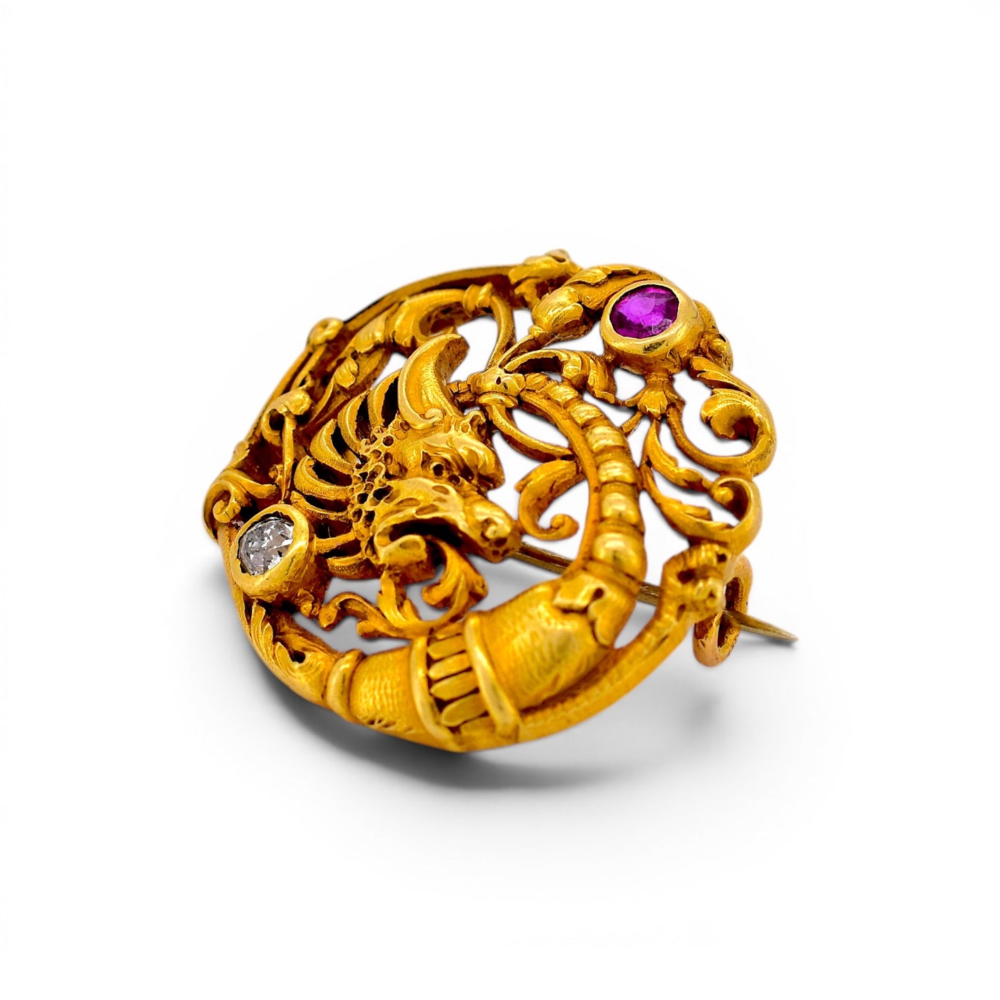 Antique Art Nouveau 18k gold chimera brooch ruby diamond detail side view André Kauffer — Antique Jewelry Finds