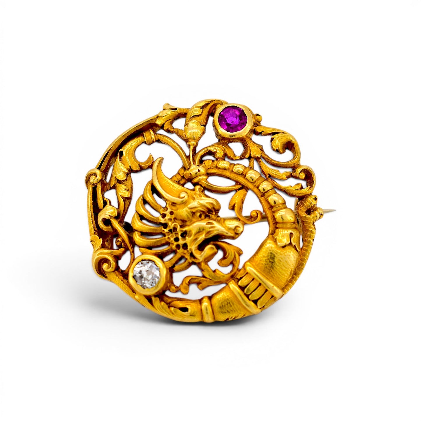 Antique Art Nouveau 18k gold chimera brooch top view 24mm ruby old-cut diamond — Antique Jewelry Finds