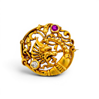 Antique Art Nouveau 18k gold chimera brooch top view 24mm ruby old-cut diamond — Antique Jewelry Finds