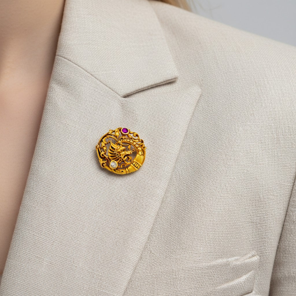 Antique Art Nouveau 18k gold chimera brooch hallmark André Kauffer maker mark worn on a blazer — Antique Jewelry Finds