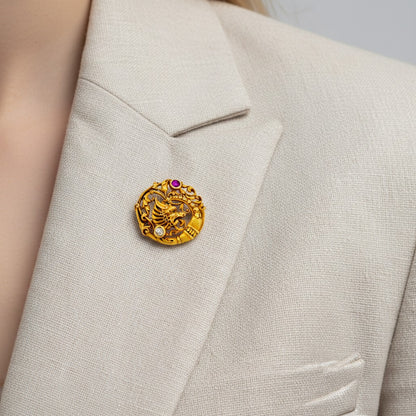 Antique Art Nouveau 18k gold chimera brooch hallmark André Kauffer maker mark worn on a blazer — Antique Jewelry Finds