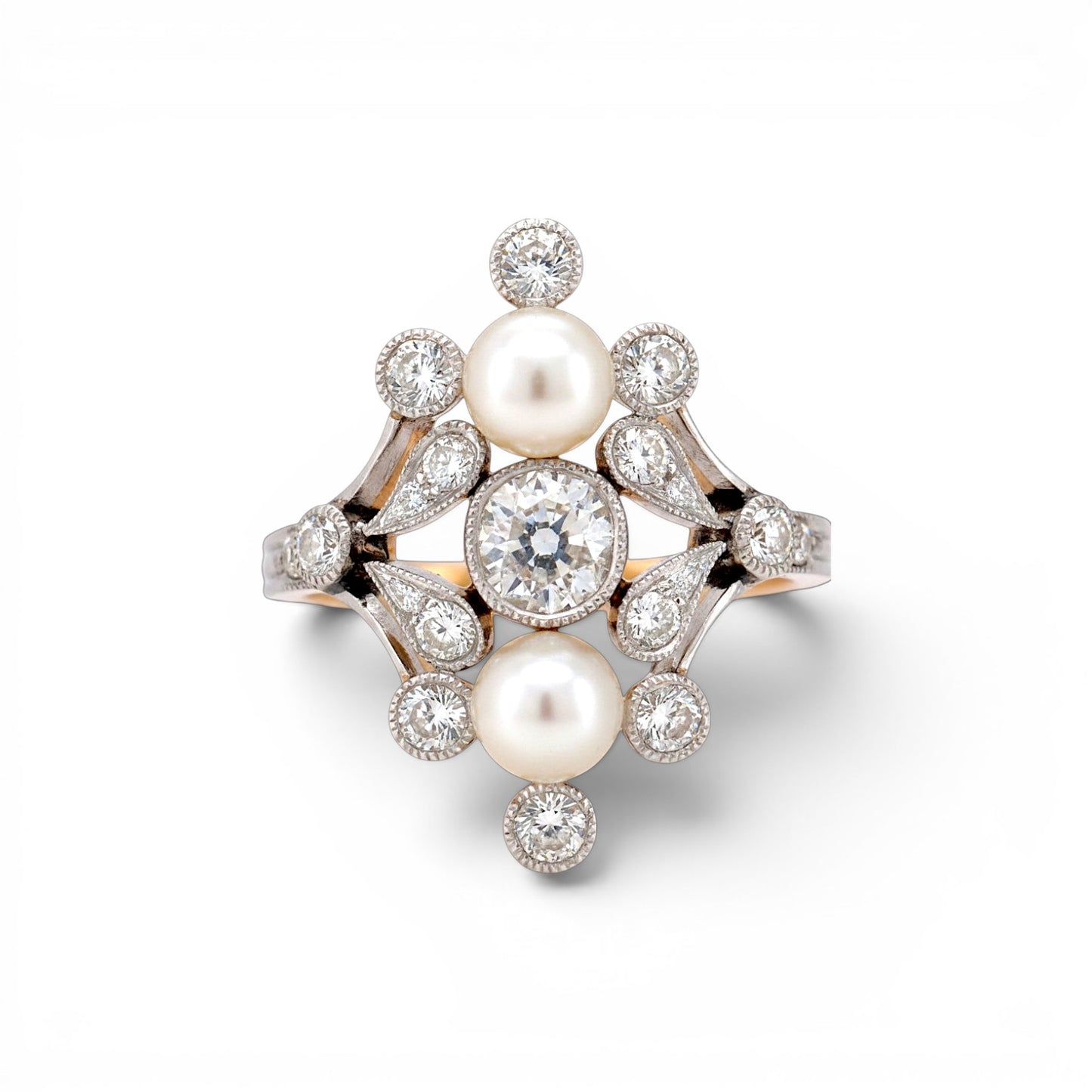 Antique Art Nouveau 18k gold ring two pearls old-cut diamond rose-cut diamond surround front view circa 1910 — Antique Jewelry Finds