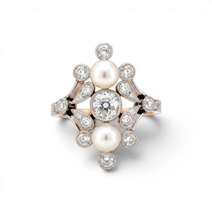 Antique Art Nouveau 18k gold ring two pearls old-cut diamond rose-cut diamond surround front view circa 1910 — Antique Jewelry Finds