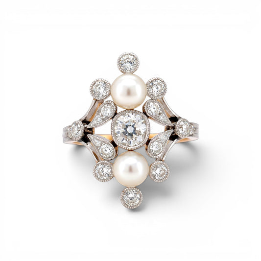 Antique Art Nouveau 18k gold ring two pearls old-cut diamond rose-cut diamond surround front view circa 1910 — Antique Jewelry Finds