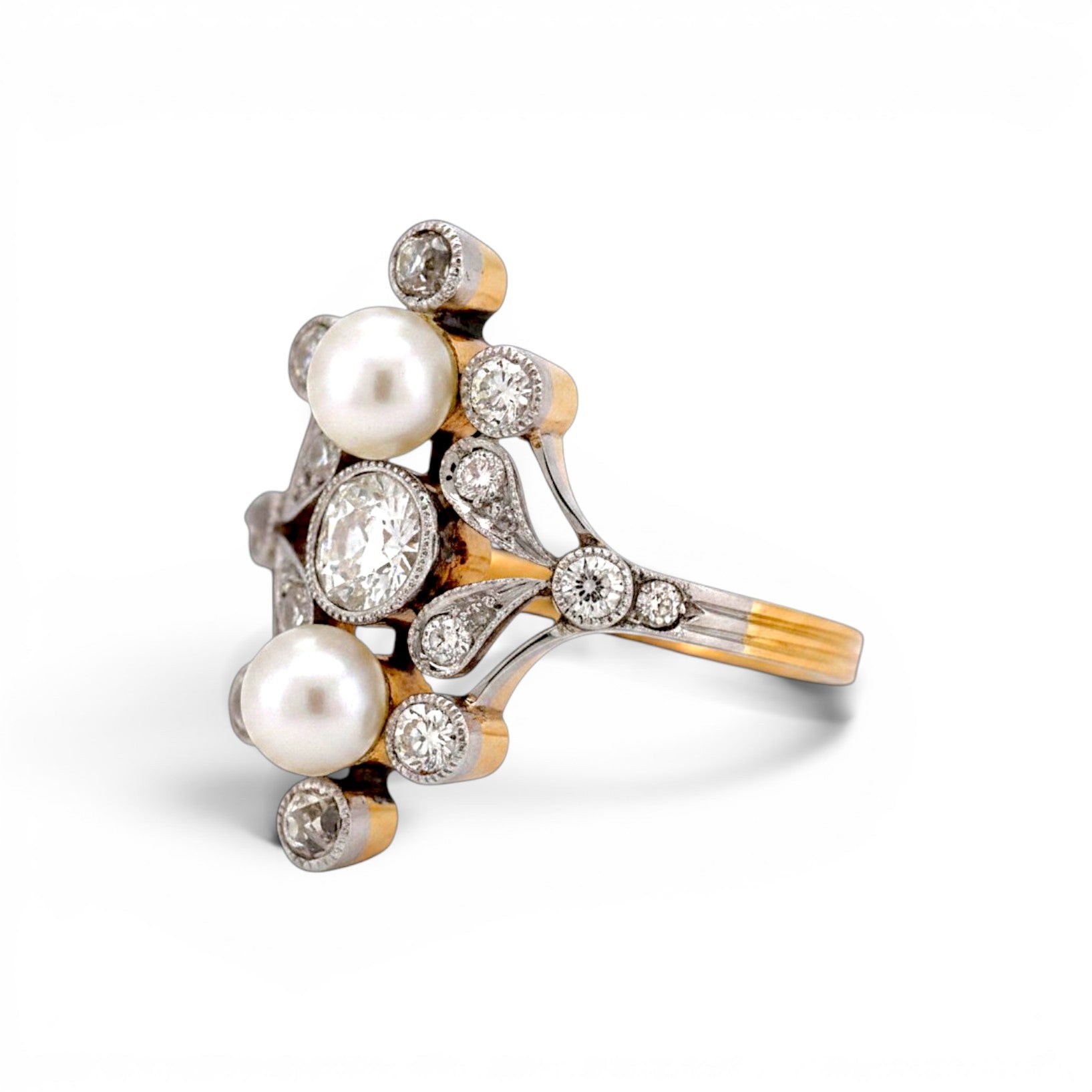 Antique Art Nouveau 18k gold ring pearl 
diamond open lacework side view eagle head hallmark — Antique Jewelry Finds
