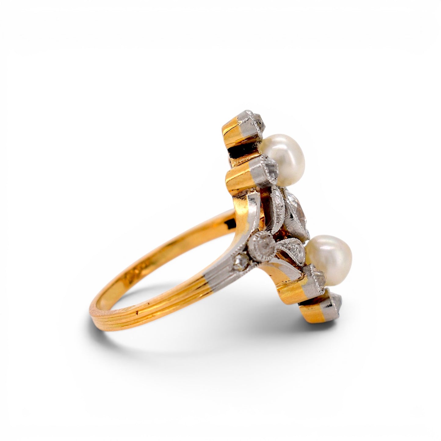 Antique Art Nouveau 18k gold ring top view two pearls old-cut diamond 20x16mm circa 1910 — Antique Jewelry Finds
