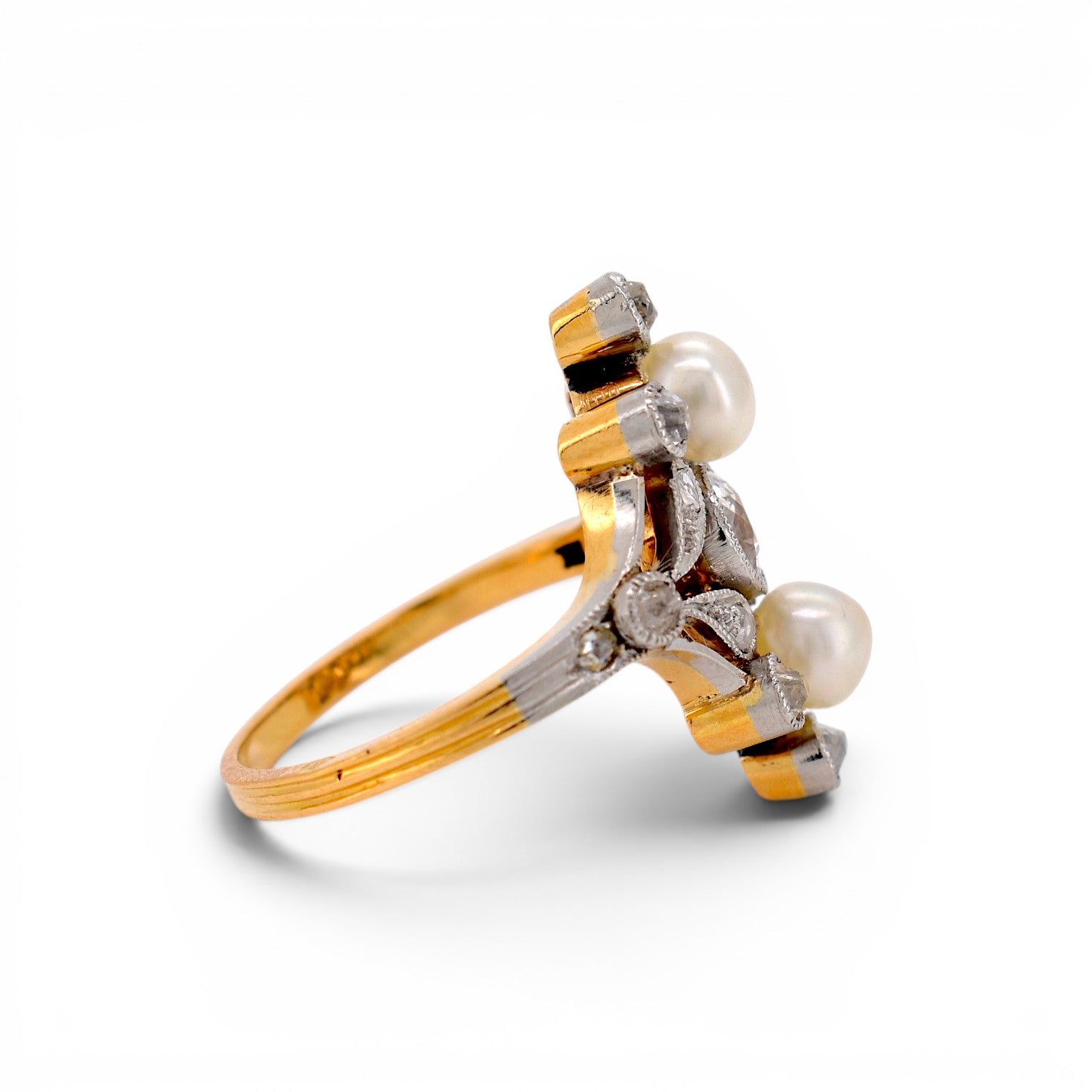 Antique Art Nouveau 18k gold ring top view two pearls old-cut diamond 20x16mm circa 1910 — Antique Jewelry Finds