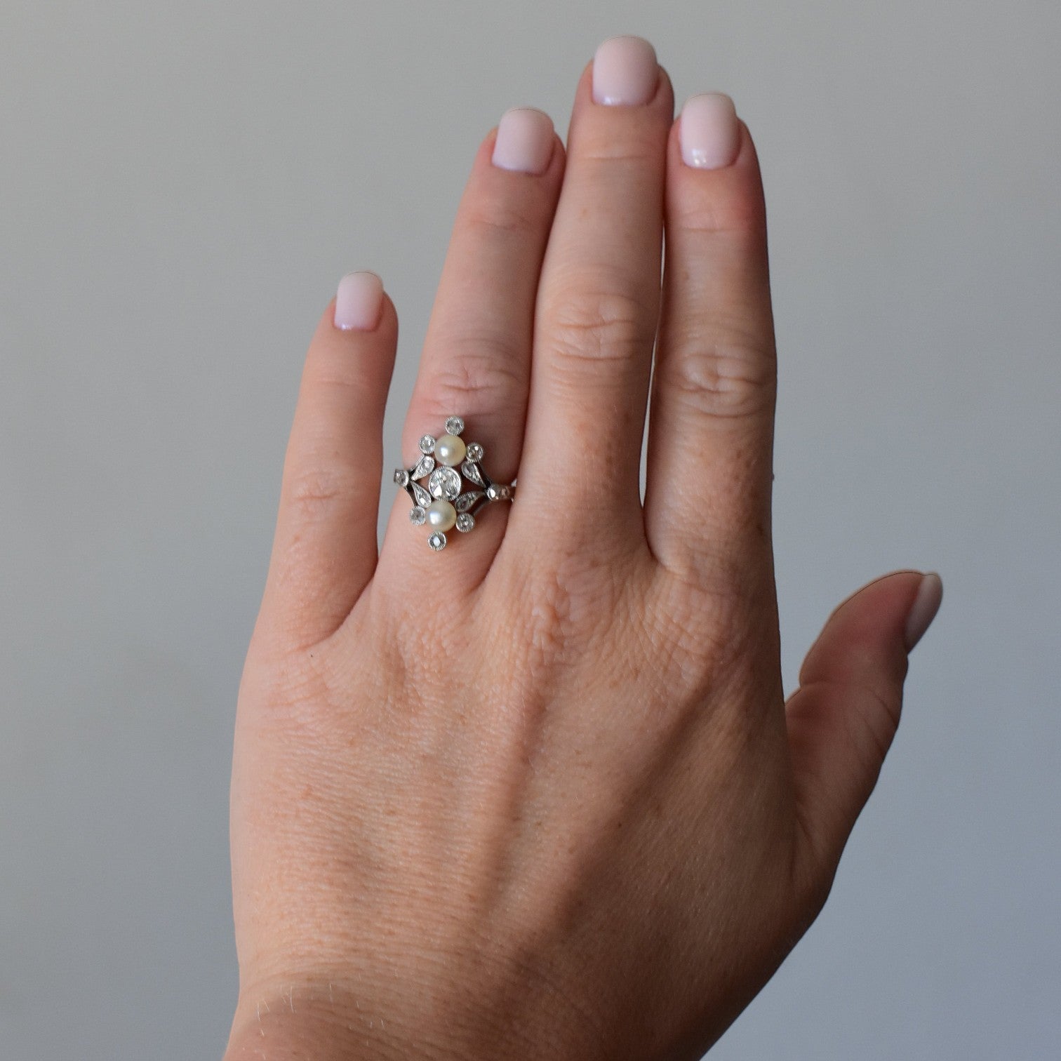 Antique Art Nouveau 18k gold ring two pearls old-cut diamond worn on hand size 5 US — Antique Jewelry Finds