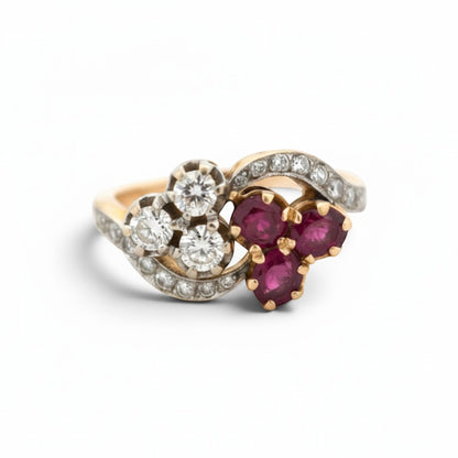 Antique Belle Epoque ruby and diamond clover Toi et Moi ring in 18k gold by Antique Jewelry Finds