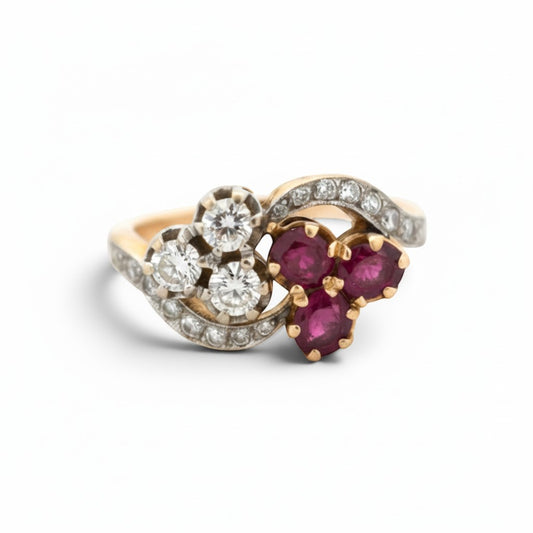Antique Belle Epoque ruby and diamond clover Toi et Moi ring in 18k gold by Antique Jewelry Finds