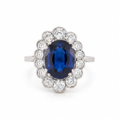 Bague Art Deco Antique Jewelry Finds en platine avec saphir ovale non chauffé de 2,36 ct et diamants taille ancienne