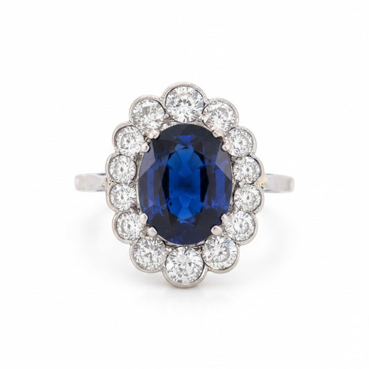 Bague Art Deco Antique Jewelry Finds en platine avec saphir ovale non chauffé de 2,36 ct et diamants taille ancienne