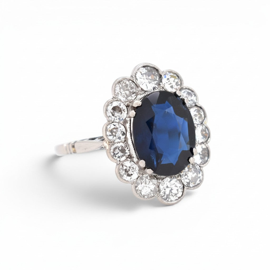 Bague Art Deco Antique Jewelry Finds en platine avec saphir non chauffé de 2,36 carats et diamants taille ancienne
