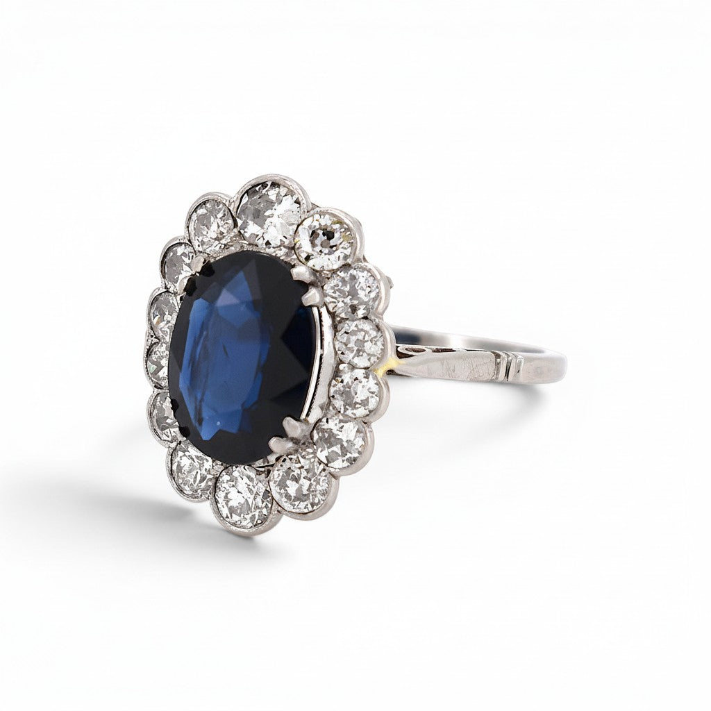 Bague Pompadour Antique Jewelry Finds Art Deco en platine avec saphir non chauffé de 2,36 ct et diamants taille ancienne