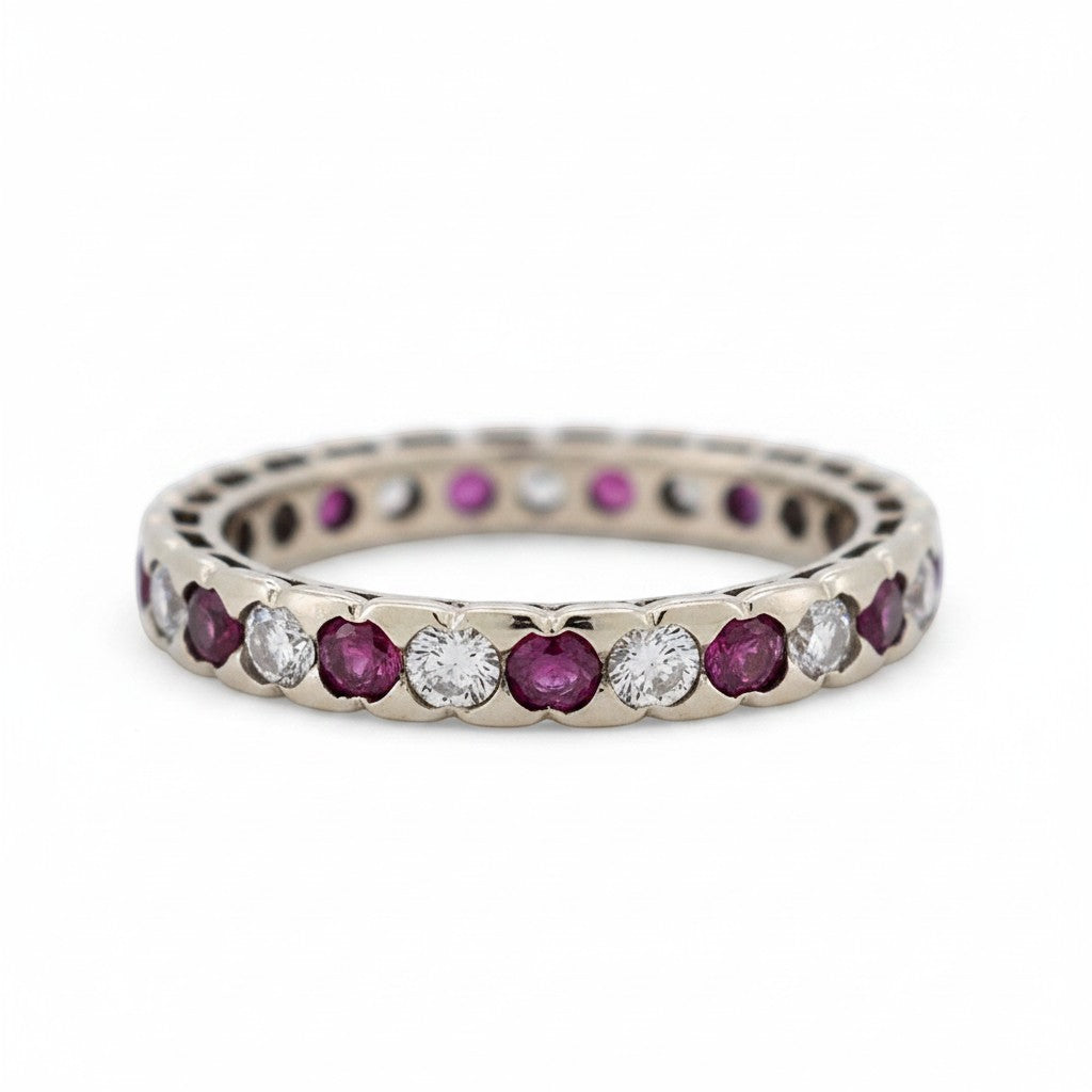 Vintage 1990s 18k gold full eternity ring alternating natural rubies and diamonds