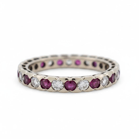 Vintage 1990s 18k gold full eternity ring alternating natural rubies and diamonds