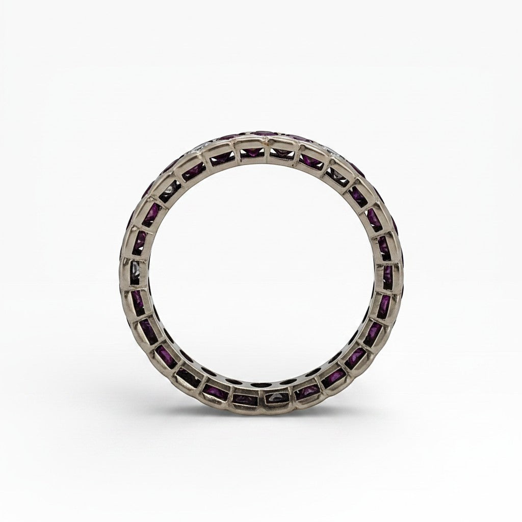Three-quarter angle of the 1990s ruby diamond eternity ring highlighting its fire