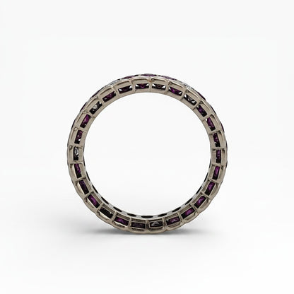 Three-quarter angle of the 1990s ruby diamond eternity ring highlighting its fire