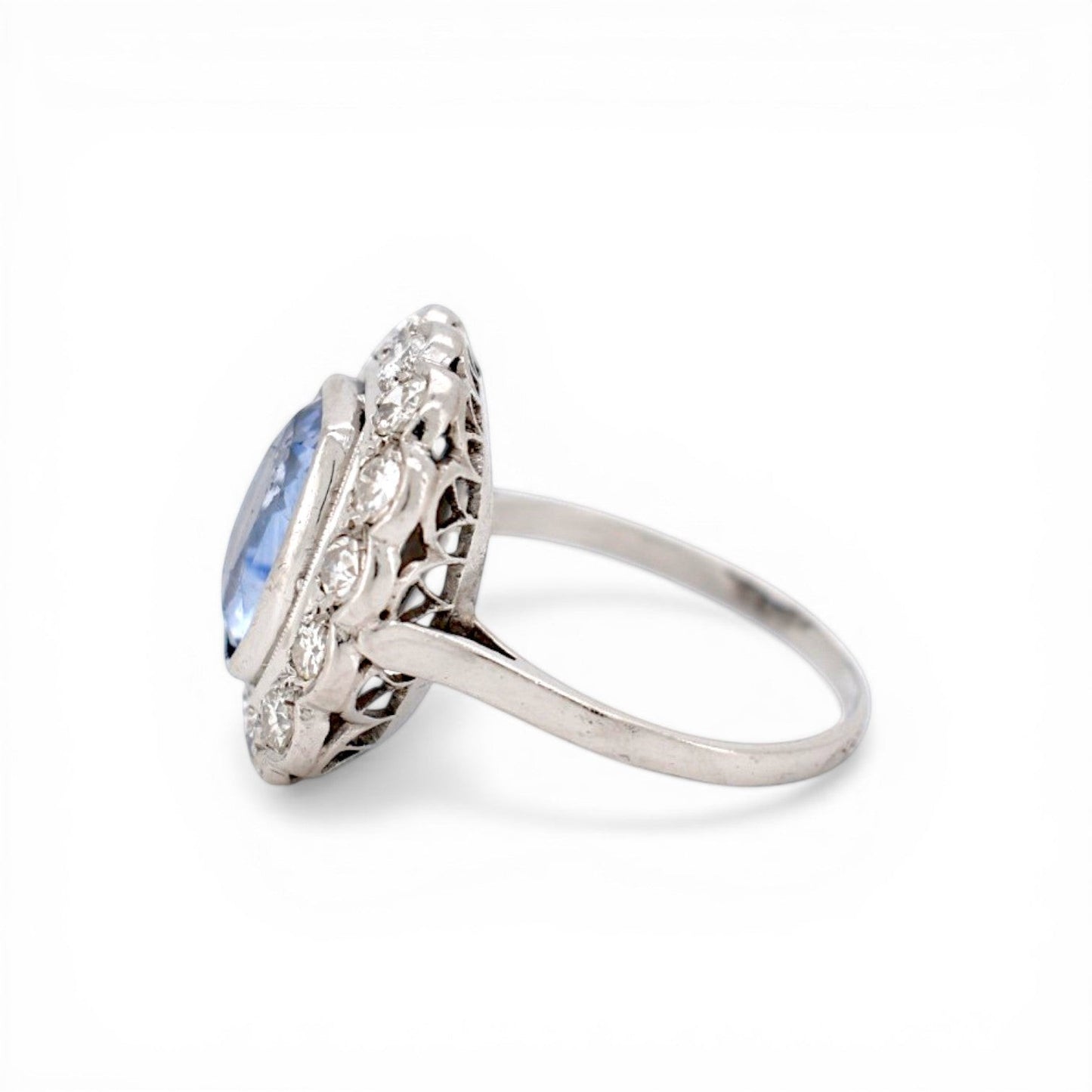 Other side view of Art Deco ring showing intricate hand-pierced platinum gallery design