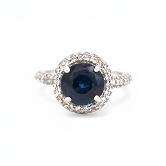 Bague halo double saphir bleu 3 carats en or 18 carats avec diamants, circa 2000, par Antique Jewelry Finds