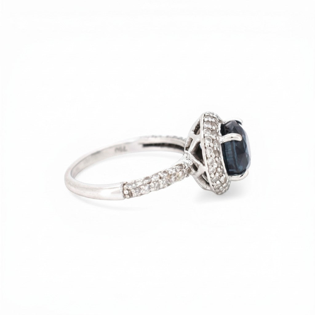Bague halo double saphir bleu 3 carats en or 18 carats avec diamants 1,50 carats par Antique Jewelry Finds
