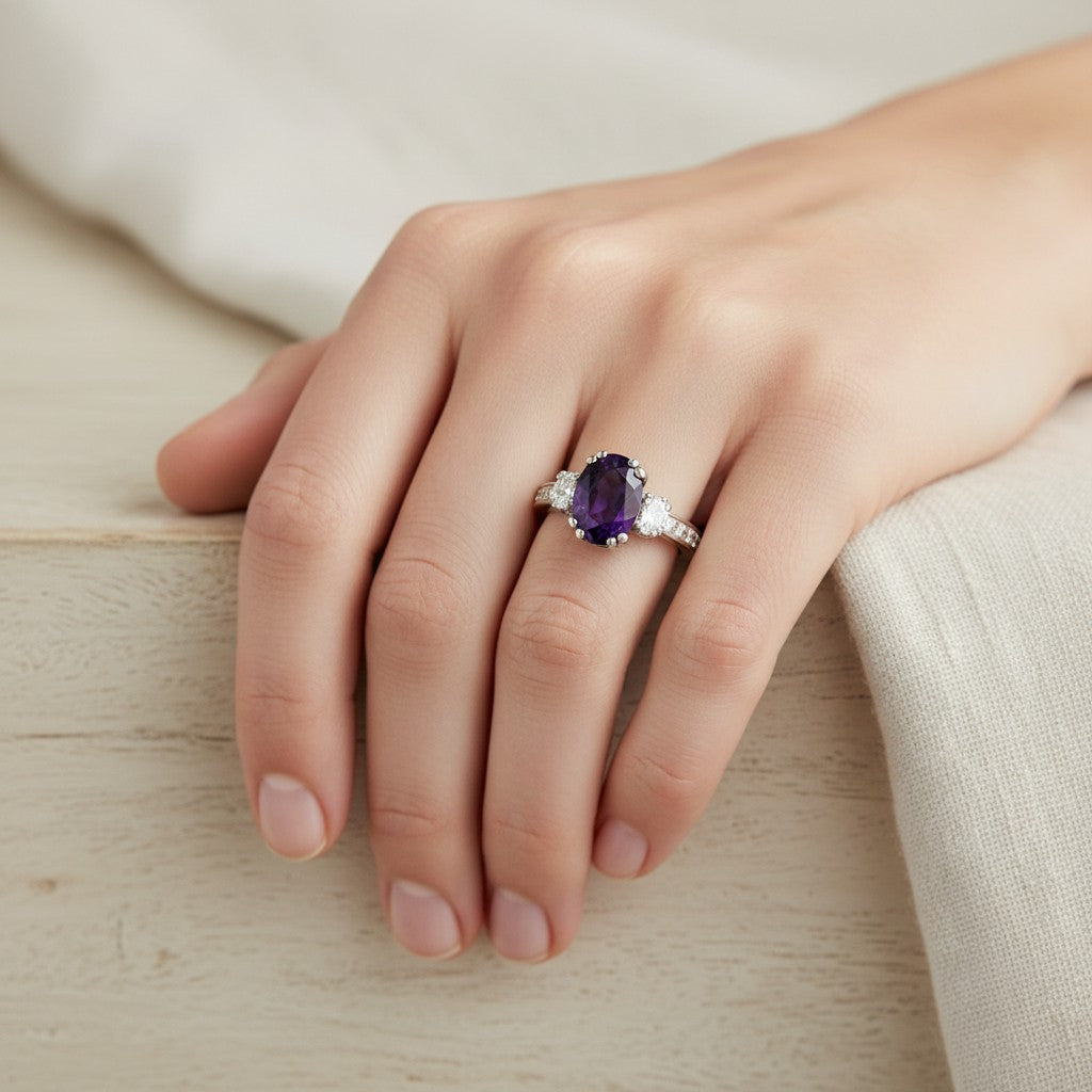 Bague Antique Jewelry Finds en or blanc 18k avec saphir violet de l'Himalaya et diamants portee sur une main