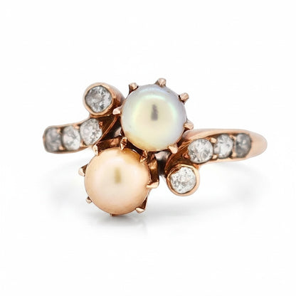 Antique Belle Epoque 14k rose gold Toi et Moi ring with twin pearls and old cut diamonds
