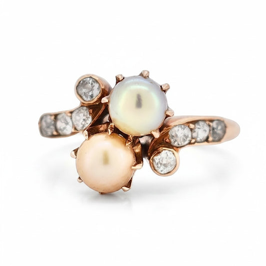 Antique Belle Epoque 14k rose gold Toi et Moi ring with twin pearls and old cut diamonds