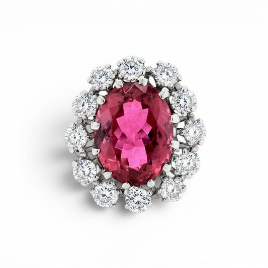 Bague marguerite vintage Antique Jewelry Finds en or blanc 18k avec tourmaline rose ovale et halo de diamants