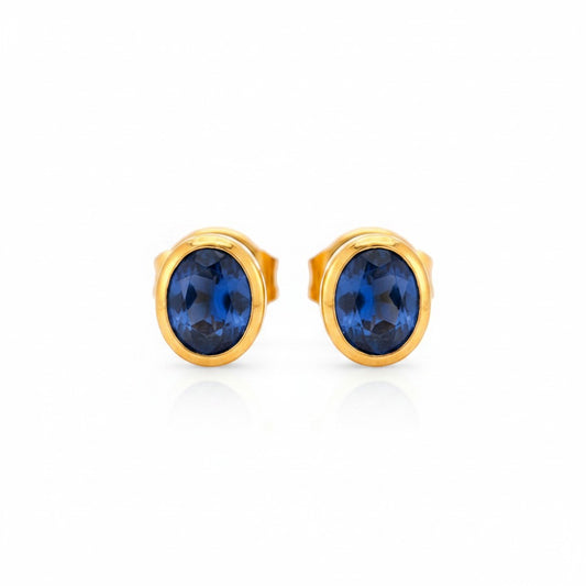 Boucles d'oreilles puces ovales en or jaune 18 carats avec saphirs bleus naturels de 2 carats par Antique Jewelry Finds