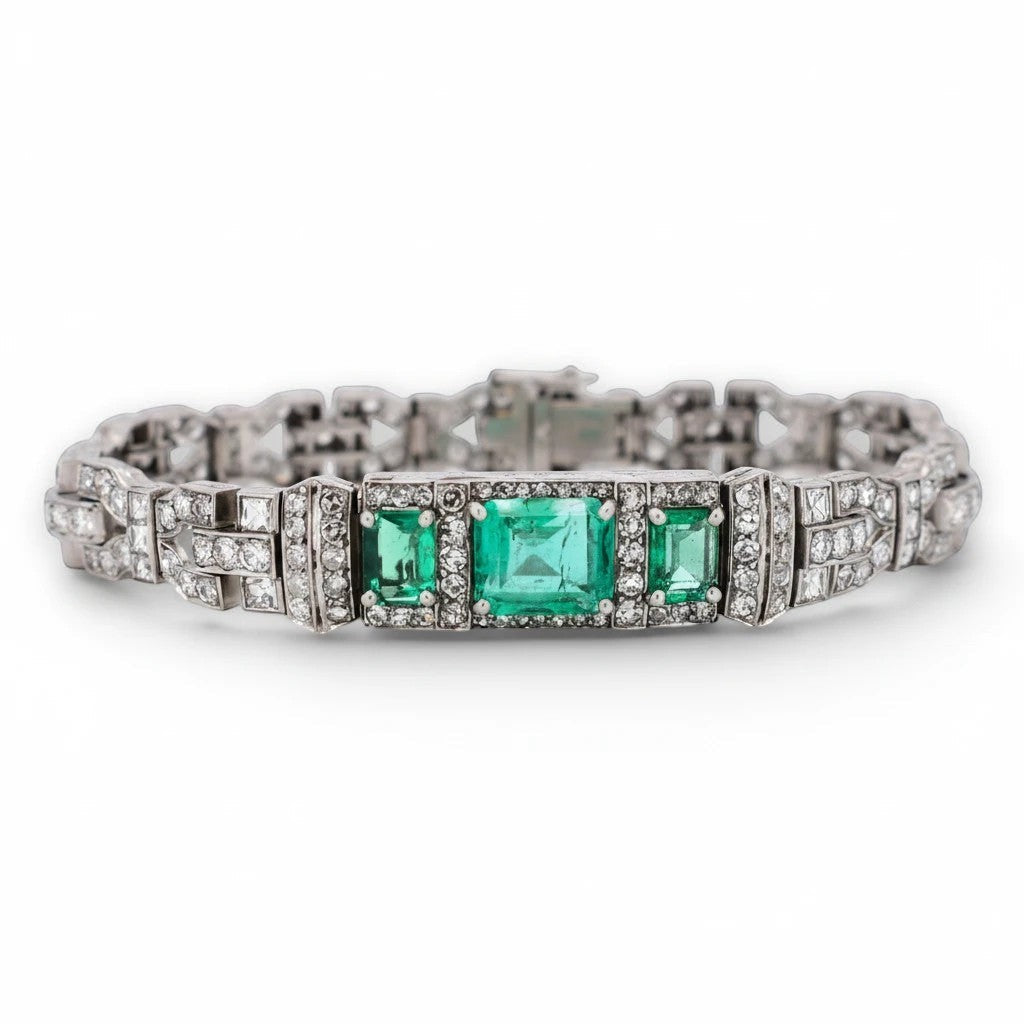 Bracelet Antique Jewelry Finds Art Deco en platine avec émeraudes colombiennes et diamants taille princesse et ronde