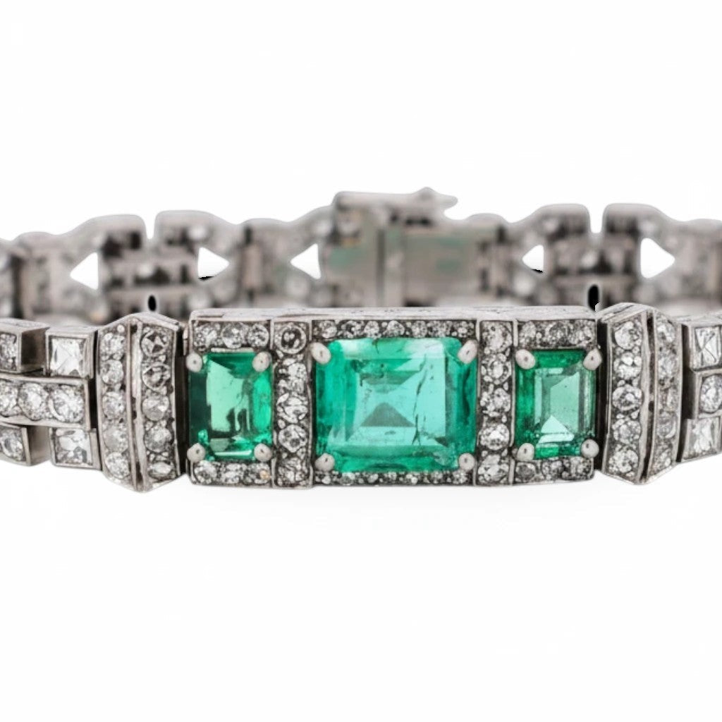 Bracelet Antique Jewelry Finds Art Deco en platine avec émeraude colombienne centrale et diamants taille princesse