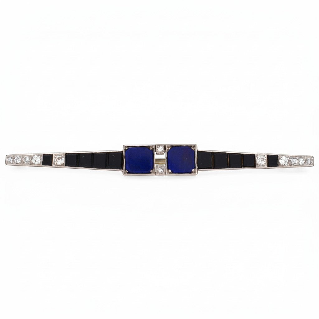 Broche barre Art Déco en platine avec lapis-lazuli, onyx et diamants blancs D-VS/SI, circa 1920, par Antique Jewelry Finds.