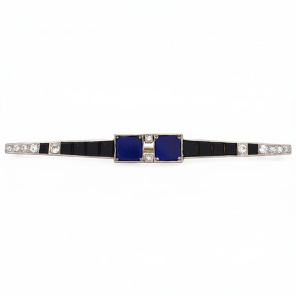 Broche barre Art Déco en platine avec lapis-lazuli, onyx et diamants blancs D-VS/SI, circa 1920, par Antique Jewelry Finds.