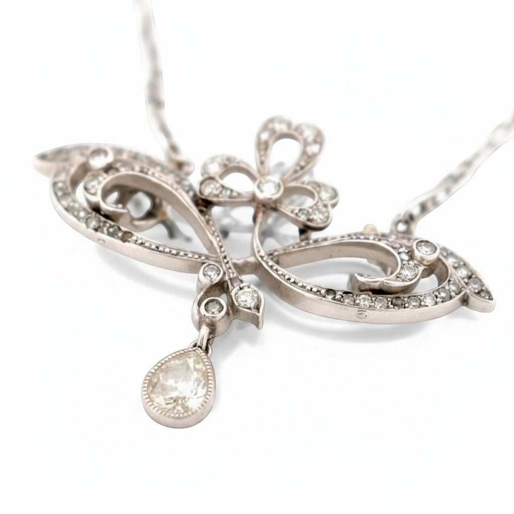 Antique Jewelry Finds collier pendentif Art Nouveau en platine avec diamants, goutte poire 0.4ct, circa 1910