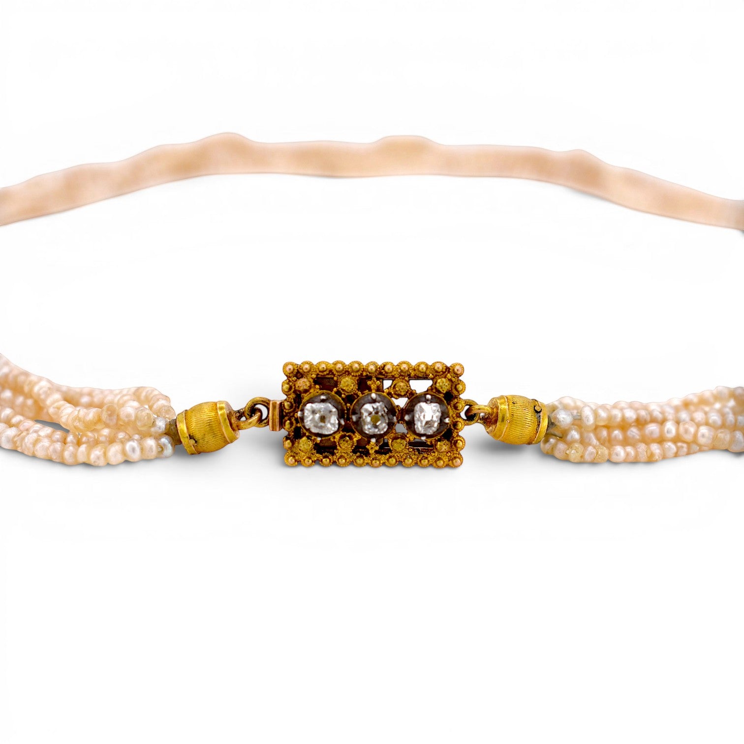 Antique French Belle Epoque 6-strand pearl choker necklace with an 18k gold diamond clasp by Antique Jewelry Finds.